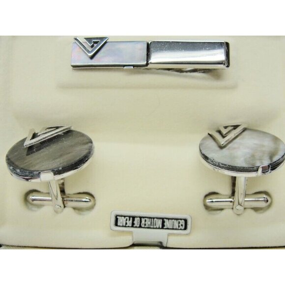 Vintage Swank MOP Round Set Silver Tone Cufflinks & Tie Clip Tux Shirt Suit - Picture 7 of 12